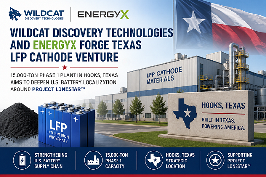 Wildcat Discovery Technologies and EnergyX Forge Texas LFP Cathode Venture